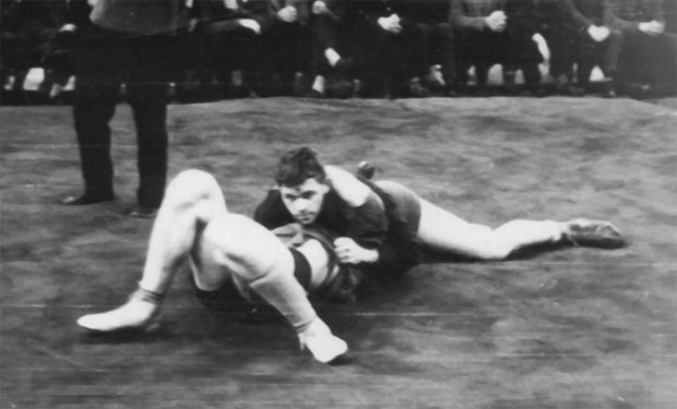 Valery Rukhledev wins a pinfall in SAMBO fight among the youth at the Ukrainian Championship. Odessa, 1964.